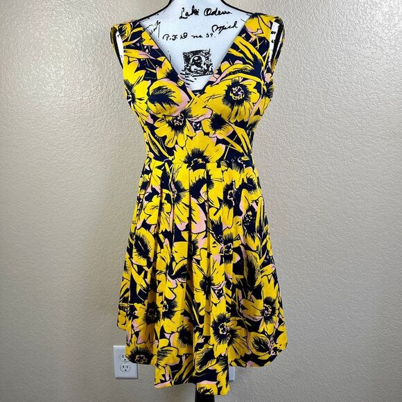 J. Crew Pique Yellow Floral Sunflower Fit & Flare  V-Neck Dress size 00 cottage - Picture 6 of 12